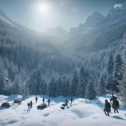 Five people hunting in a snowy forest, sense of fear, mountain hut in the background, Alps, night, 8k, HD, cinematography, photorealistic, Cinematic, Color Grading, Ultra-Wide Angle, Depth of Field, hyper-detailed, beautifully color-coded, insane details, intricate details, beautifully color graded, Cinematic, Color Grading, Editorial Photography, Depth of Field, DOF, Tilt Blur, White Balance, 32k, Super-Resolution, Megapixel, ProPhoto RGB, VR, Halfrear Lighting, Backlight, Natural Lighting