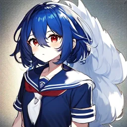 Clear focus, High resolution, rough line sketch art, cute, cartoon, medium blue hair, hair between eyes, fluffy hair, red eyes, wearing a sailor uniform