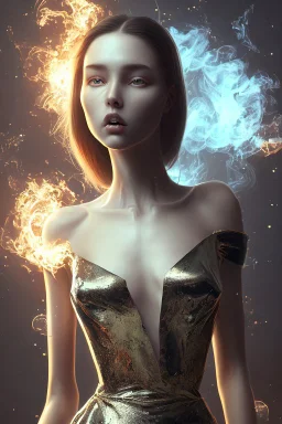 young, beautiful brunette with a perfect angry face, wearing black off shoulder dress, in a dance club, hands on her hips, sharp focus, emitting diodes, smoke, artillery, sparks, racks, system unit, motherboard, by pascal blanche rutkowski repin artstation hyperrealism painting concept art of detailed character design matte painting, 4 k resolution blade runner