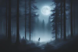 lone wolf, forest clearing at twilight, misty atmosphere, tall pine trees, soft moonlight filtering through trees, shadows, glowing eyes, cold blue tones, detailed fur texture, dramatic lighting, charcoal style cinematic composition, epic scenery