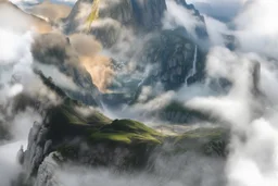 in the foreground, sheer cliffs reveal the ground far far below. reaching the top of those cliffs, a foggy valley reaches out, ended by another sheer cliff.