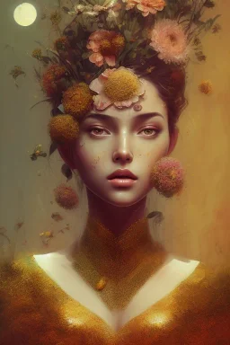 painting of flowers and beautiful girl portrait, scaffolding, iron cladding, decay, mixed media, textured, anatomically correct, beautiful perfect face, sharp focus, highly detailed