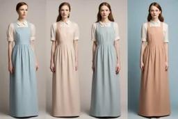Простые, скромные платья приглушенных, пастельных тонов (серые, бежевые, бледно-голубые), часто покрытые фартуком.