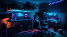 Dimly lit gaming room, with a single desk with a gaming PC, two monitors on the desk, gaming chair, bed in the background, the room is filled with neonlights, night time, atmospheric, detailed.