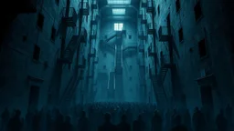 Many Stairs between walls and buildings in bleak prison, underneath many black human silhouette, dark blue and gray colors, cold, grim vibe, high detailed, surreal, dark, cinematic