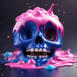 ((gooey melting skull)), pixar animation style, 3D character, electric blue, fluid form, dripping bubblegum pink, adorable and cute, photorealistic cg, concept art, vibrant colours, playful, smooth, whimsical, detailed, stylised and expressive, wildly imaginative, coloured sprinkles, glazed marshmallows, chocolate toppings, smooth texture, cgsociety, electric pop alchemy, ray tracing, maya render, 8k