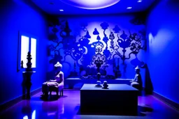 A purple outer space with ghosts of illusion designed in Javanese shadow puppets painted by Andy Warhol