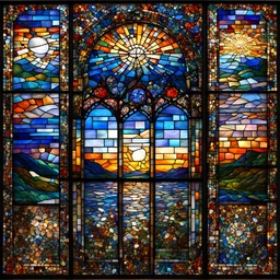 mesmerizing four panel stained glass window depicting different times of the day: daytime - twilight - midnight - sunrise; mosaic with defined tile edges, ultra hd, realistic, vivid colors, best quality, fragile, dynamic, transparency, photorealistic