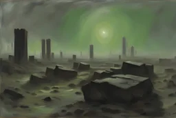 Grey green sky, distant buildings, mist, rocks, sci-fi, cosmic future influence, trascendent, intergalactic influence, ernest welvaert and alfred stevens impressionism paintings