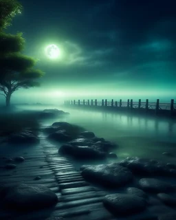 By Sergiо. Style by Greg Rudkowski. Thick white milky dense fog on a deserted beach with lonely bushes.flooded raged water .stormy wether in the waterg a bridge is falling in the river a full moon, Bruegel painting style