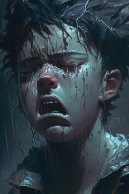 A distressed young lad is weeping and howling in utter agony as torrents of rain pour down and thunder resounds with electric intensity amidst an ominously stormy night, Distressed, Dark, Highly detailed, thunderous, ominous, stormy, Sharp focus, Emotional, art by loish and ross tran and sam yang, trending on artstation hq.