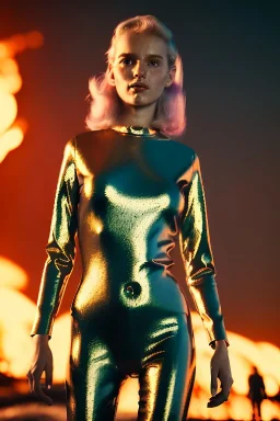 retro sci-fi portrait image from 1980, supermarket explosions, fire, people running, sweet young blonde woman walking, tight latex suit, soft color, highly detailed, unreal engine 5, ray tracing, RTX, lumen lighting, ultra detail, volumetric lighting, 3d, finely drawn, high definition, high resolution.