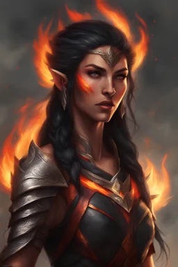 Picture a fierce eladrin druid with blazing jet-black hair on fire, conjuring flames with her hands. Her eyes shine bright red with a fiery intensity. Flames dance within her half-braided, cascading hair. Clad in minimalistic armor, she channels magic and fire, a scar on her face revealing battles fought. Tanned skin complements her commanding presence, embodying strength and elemental mastery in a straightforward blaze of intensity.