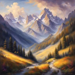 Bavarian Alps" Artist: Heinrich Bürkel Style: Romantic Realism Color Palette: Soft hues of blue and purple for the distant mountains, lush greens for the rolling hills, and warm tones of gold and orange for the sunlight filtering through the clouds, capturing the majestic beauty of the Bavarian Alps. Prompt: "Embark on a visual journey through the breathtaking splendor of the Bavarian Alps with Heinrich Bürkel's 'Bavarian Alps.' As a master of Romantic Realism, Bürkel transports viewers to a rea