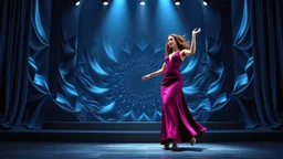 modern stage with gray-blue theme artistic decoration , color full dynamic lighting, a beautiful lady in modern maxy dark purple red dress with shining silver jwells dancing, 3D recursive fractal structure animating background