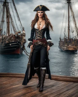 A length image fullbody photography realistic natural beauty color beautiful russia super model woman in a luxury black jack Sparrow pirates uniform,sweet pose,sail ship pirate background