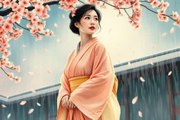 A Japanese woman in a soft peach and pale pink transparent wet kimono decorated with cherry blossoms. She walks in the rain beneath drifting sakura petals, her gaze turned gently upward toward the bright spring sky. Her expression is peaceful yet full of longing. The breeze lifts her sleeve, and she continues walking slowly. The composition is rendered with painterly textures and soft light. Vintage Japanese scroll effect. --v 7 --style raw --ar 2:3 --q 2 Traditional Japanese ink painting reimag