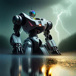 hyperrealistic shot, mecha robot, speeding, earth color palette, sharp focus, puddle reflection, tire water splash, refraction, rain and lightning on the horizon, shadowcast, detailed and intricate, cinematic composition, tilt shift photography