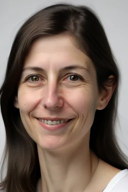 realistic, (49yr old female)without makeup, Caucasian beautiful face, dark hair, wearing a tight white shirt, studio lighting, cinematic light, beautiful woman, milk beige middle hair, perfect anatomy, very cute smile, (head frame), on white background, 8k Resolution, human hands, curiously complete, elegant, close to perfection, dynamic, highly detailed, character sheet, concept art, smooth, non-symmetrical body a, detailed hairstyles and skin texture