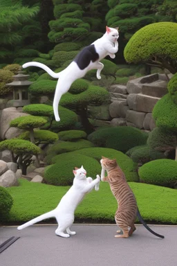 martial artist cats fighting in a Japanese garden