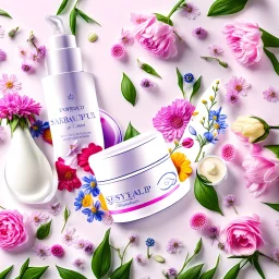 a bottle for cosmetics and a cream jar lies on a beautiful floral background top view, in the background there are beautiful spring flowers and a drop of cream, high-quality picture, top view