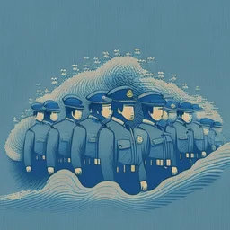 A minimalist design of a hoard of policemen in uniform with a badge on his chest in the style of Hokusai's The Great Wave off Kanagawa