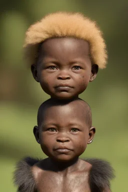 african baby head portrait, warrior costume, village, meditation, woods, cyberpunk, 8k quality