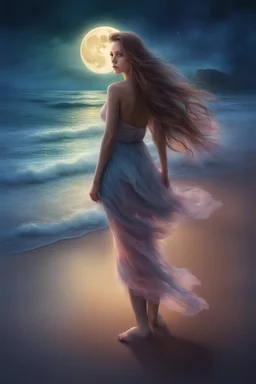 Creëer een mooie realistische Fantasie art, mooie vrouw, standing on the beach in a short dress, no shoes,long hair,, soft lighting, vibrant colors, ethereal, dreamlike, nature-inspired, romantic, whimsical, fantasy art, peaceful, enchanting, surreal, atmospheric, natural elements, moonlight filtering