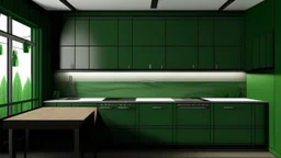 kitchen with dark green furniture, forest wallpaper on a white wall, very realistic