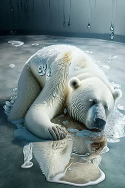 polar bear melting into a puddle, hyper realistic photography, detailed expression of agony, hyper realistic fur and anatomy details, Takeshi Kawano style