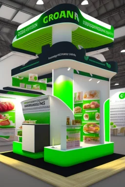 Corner green exhibition stand of a food company with product displays and a meeting area