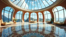 Superb pictorial mosaic floor, tapestry-lined curved walls, curved ceiling, large windows, organic shape, relaxation, luxury, dream world, calm beauty, symmetry, fantasy world, magic, beautiful composition, exquisite detail, 35mm lens, adjust perspective