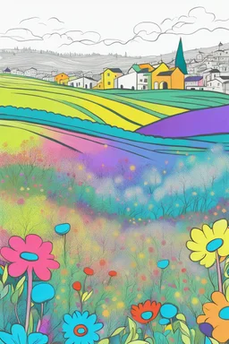 A field of colorful flower, the return to innocence, abstract, weird, childlike, chaos80, colors splash, Italian village, fine line draw style