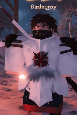 The character, depicted in a striking white armour against a wintry backdrop stands with his hands behind his back inside the scene, he has a red and black circular symbol on his chest like a shield, a black pointed spear with a red handle on his back, His eyes are showing a dynamic expression and he wears a black oni mask with white teeth covering the bottom part of his mouth he has brown shoulder pads and a white belt with a bag attached to it. He has dark brown hair, he does not wear a helmet