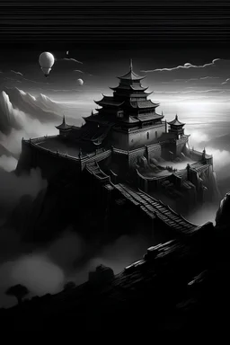 ancient fortress, view from above the clouds, manga style, night time, monochrome