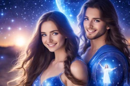 beautiful women with long hair, light eyes and blue brightness tunic, with a little sweety smile, with his boyfriend as a sweety strong cosmic warrior in peace. in a background of stars and bright beam in the sky