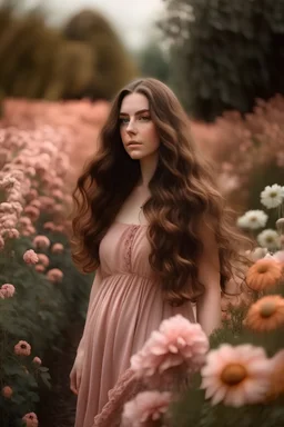 Mujer joven de cabello largo, castaño, ondeando. Vestida con vestido ligero color rosa pálido, en medio de un campo de flores al.estilo de diego Rivera