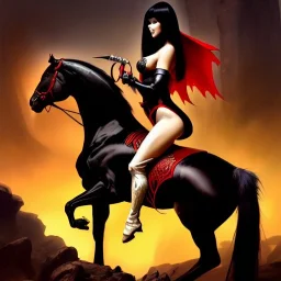 ultra detailed portrait of beautiful Vampirella Riding a black horse,wearing plate armor, extremely detailed digital painting, in the style of FRANK FRAZETTA and Earl Norem and fenghua zhong and ruan jia and jeremy lipking and peter mohrbacher, mystical colors, rim light, beautiful lighting, 8 k, stunning scene, raytracing