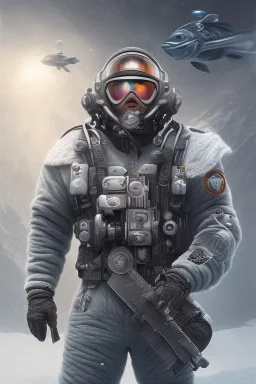 diver like a iceman,with the gun,hi quality detail,hi quality textures,cinematic,realistic,aggressive,cosmic