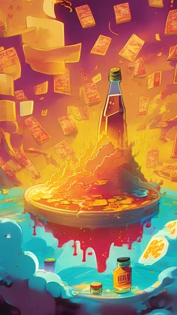 fantasy landscape of a crouton floating in a vat of swirling magical sauces like ketchup and mustard and mayo and bbq sauce, with financial market prices and investment charts glowing in the background, vibrant, comic book style, visual novel style, anime vibes, glowing, various empty bottles, stock market charts, detailed