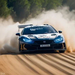 dramatic epic photography ralli art championship supercar race, facing front supercar ,full sticker name DV race decorations,on the way high speed drifting and jumping,on dune and watery spray and dirt roads forest