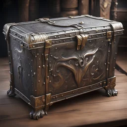 An Engraved Alinor Trunk Mimic in silver and bronze once open it reveals evil eyes and fangs with dripping drool, in old school art style