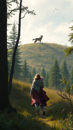 A mother holding her baby walking in the wood and a wolf on the hill is watching