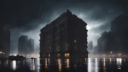 (Masterpiece) A building, in the middle of city, dark night, rains, extreme quality