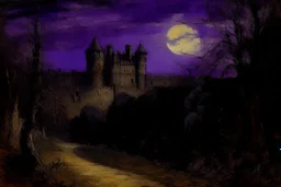 A dark purple Halloween themed castle painted by Albert Pinkham Ryder