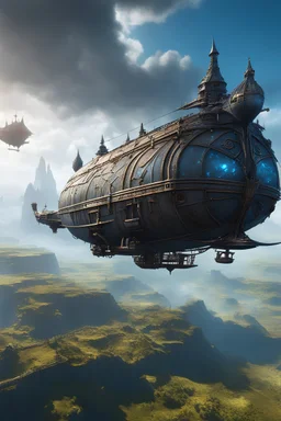 high fantasy flying skyship with brumestone, high resolution cgi, 4k, unreal engine 6, high detail, cinematic, concept art, thematic background, well framed