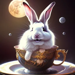 laughing bunny king sleeping, dreaming of the moon, drinking warm tea surfing waves on a teacup,misty fantasy art, book cover