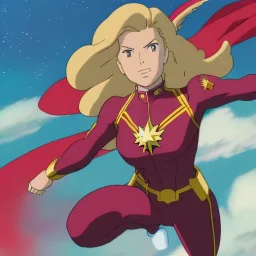 Captain Marvel,flying in the sky, hair on fire, realistic, vibrant colors, Kate beckinsale's face, long hair, gold angel wings, full body, in space, muscular, hyperrealistic