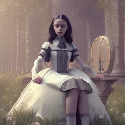 Full body, 3d render,Jenna Ortega, Wednesday addams 1800's women style, 1800's hair style, 1800's women clothes style, hyper realistic, octane render, unreal engine 5, 8k, palace background, uhd