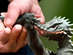 A man petting the cute dragon